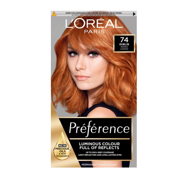 L'Oreal Paris Preference Hair Dye, Long Lasting, Luminous Permanent Hair Colour, 74, Dublin Mango Copper(Packaging May Vary)