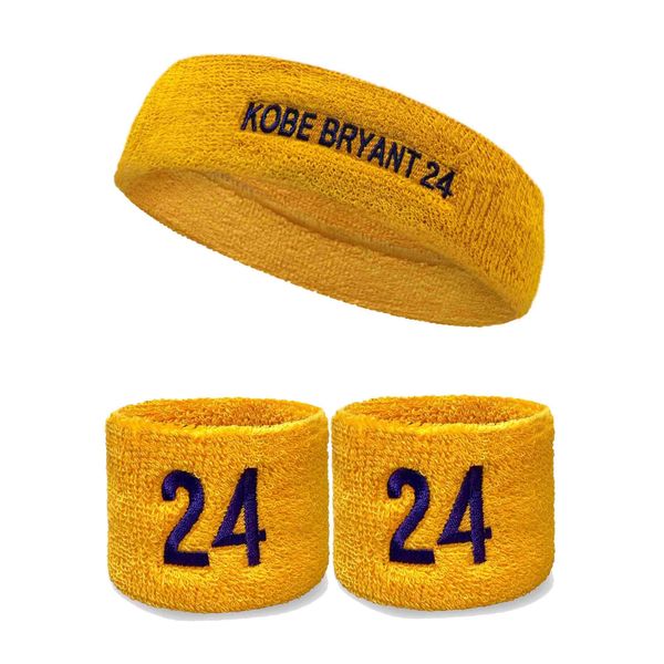 COUVER Basketball Star Golden Yellow Standard Headband / 4" Wristbands with Purple(Like LA Laker Purple) Number 24