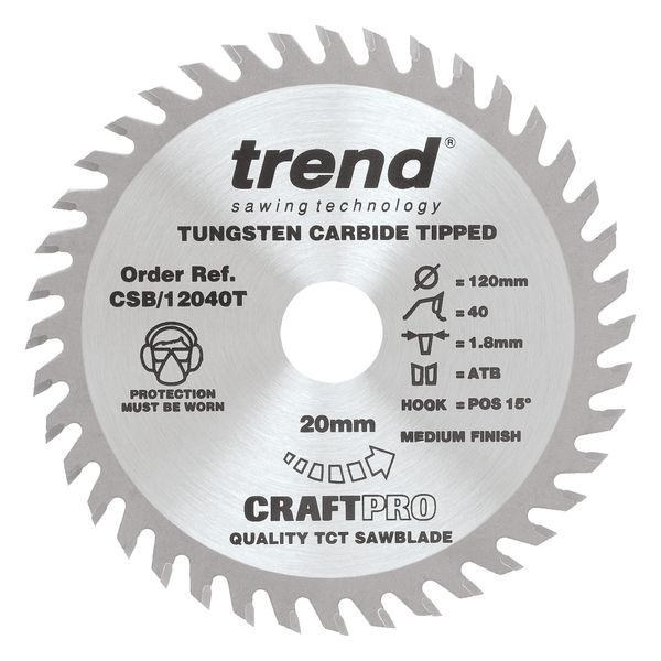 Trend Wood Cordless Circular Saw Blade, 120mm Diameter, 20mm Bore, 40 Teeth, TCT, 1.8mm Kerf, +15° Hook, CSB/12040T