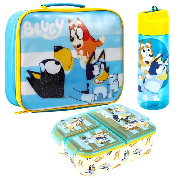 Zawadi Global Bluey Kids Childrens Lunch Box Set – Insulated Lunch Bag, Multicompartment Lunch Box & 540ml Water Bottle - School Travel Lunch Food Set, BPA Free