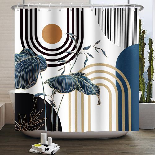 Leowefowa Mid Century Shower Curtain Boho Dark Blue Tropical Emerald Plam Leaves Shower Curtains Abstract Modern Geometric Minimalist Arch Lines Curtain Decor Waterproof Durable Fabric 72x72 inch