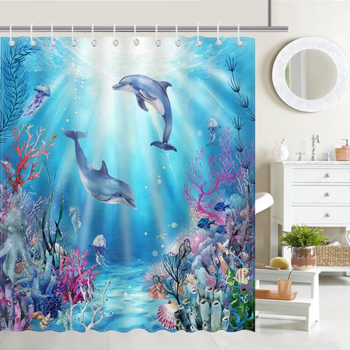 Mocsicka Dolphin Shower Curtain Blue Underwater World Kids Ocean Animal Bathroom Shower Curtain Dolphin Waterproof Fabric Shower Curtain Bathtub Decor with 12 Hooks 72 X 72 Inch
