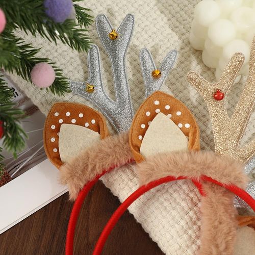 Christmas Reindeer Antlers Headband Xmas Silver Glitter Antlers Headband with Gold Bells Cute Animals Ears Headwear for Christmas Halloween Party Hair Accessories