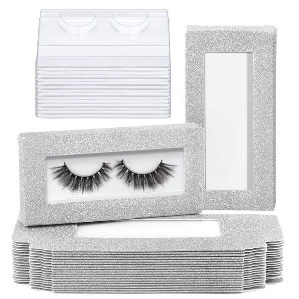 MAGEFY 60PCS Empty Eyelash Packaging Box and Tray, 30 False Eyelash Storage Case 30 Transparent Tray, Silver