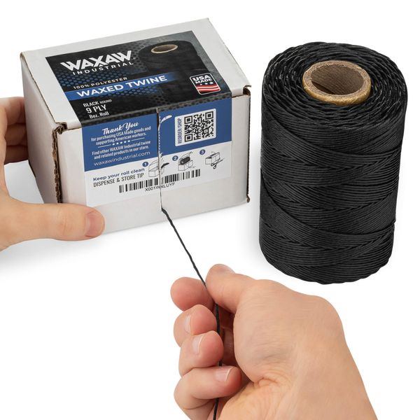 9-Ply Black Waxed Lacing Cord Twine with Dispenser Box 160 Lbs Tensile Strength (1-Roll) 500 Feet Spool 100% Polyester Cable Tie Down USA Made