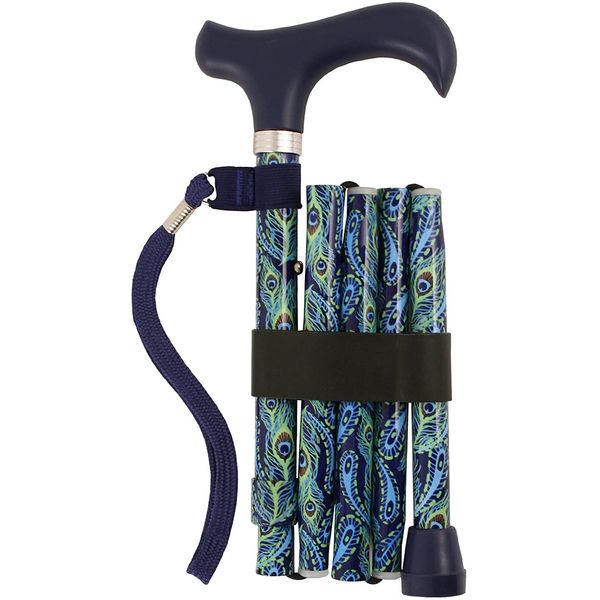 Peacock design smart curved handle folding adjustable walking stick (Peacock)