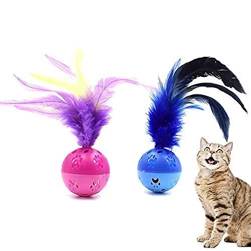 BeeSpring Cat Balls Interactive Cat Toy Cat Feather Balls with Loud Bell Inside (2Pcs - Red, Blue)