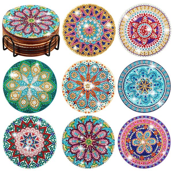 TRRCEPOS 8 Pieces Diamond Painting Coaster Kit with Holder DIY Mandala 5D Diamond Art Beginner Set for Adults Kids Art Craft Supplies (A)