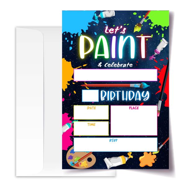 ANYEMW 4x6 Paint Birthday Invitations, Art Party Decorations, Glow Party Supplies, Art Birthday Party, Kids Birthday Invitations, 20 Cards with 20 Envelopes.(38)