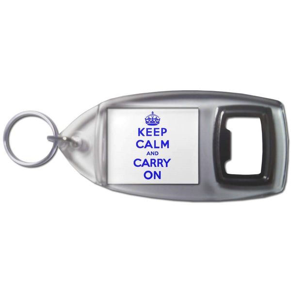 White Blue Keep Calm and Carry On - Plastic Bottle Opener Key Ring