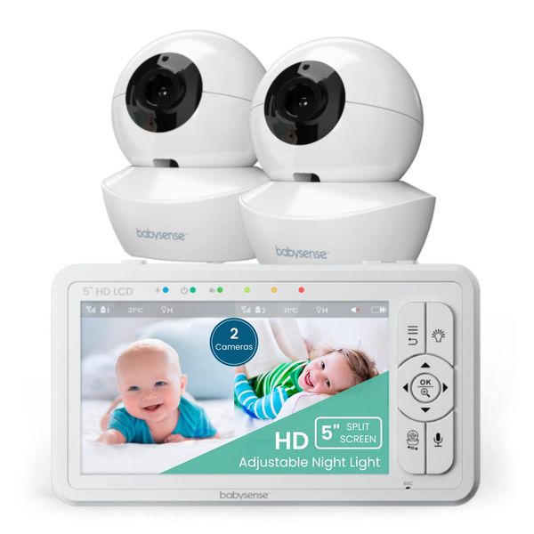 Babysense 5" HD Split-Screen Baby Monitor, Video Baby Monitor with 2 Cameras and Audio, Night Light, 960ft Range, Two-Way Audio, 4X Zoom, Night Vision, 4000mAh Battery