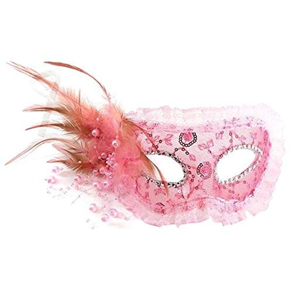 Lace Feathered Masquerade Mask in Pink