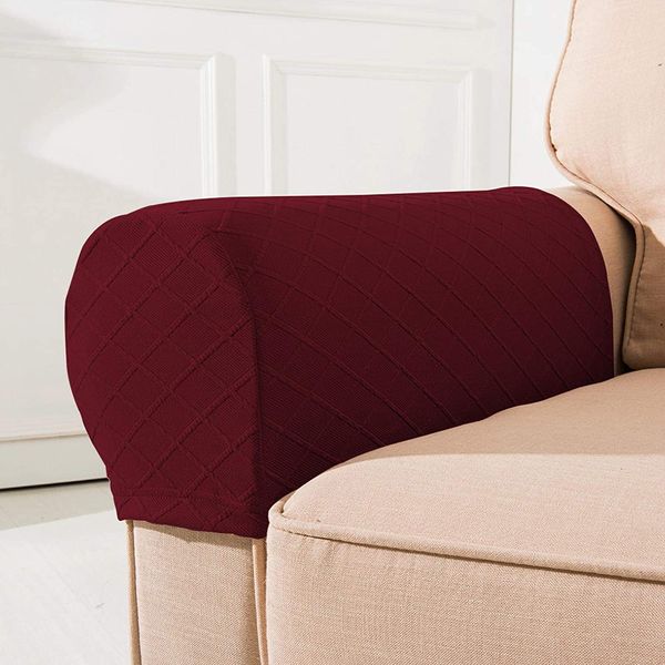 NEKOSUKI Arm Rest Covers, Set of 2 Stretch Diamond Pattern Armchair Couch Stretch Armrest Chair Covers for Furniture Protector, Anti-Slip Sofa Chair Arm Caps Spandex Polyester Slipcovers, Wine Red