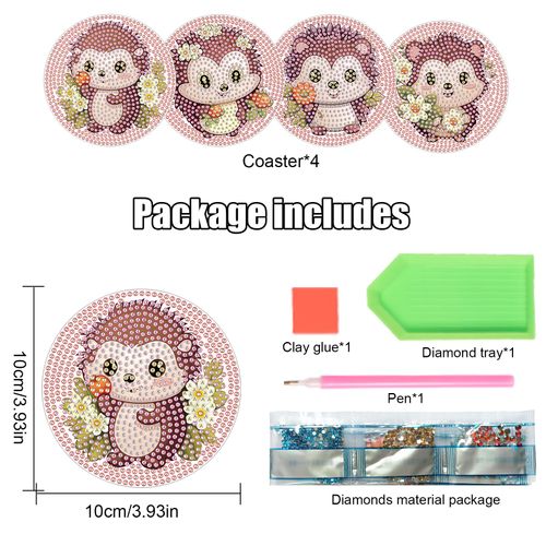 4 PCS Diamond Painting Coaster Kits, Animal Hedgehogs Diamond Art Coasters 5D Diamond Painting Kits for Adults Beginners, Diamond Art Craft Supplies Christmas Gift