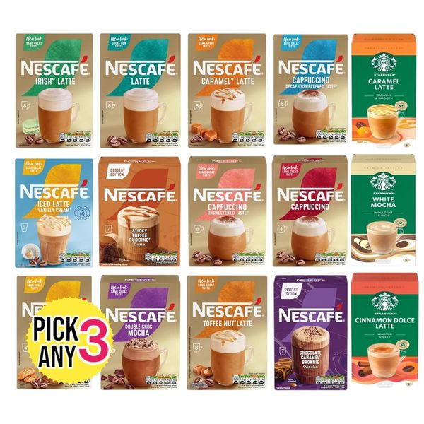 Nescafe Frothy Instant Coffee Sachets Pick Any 3 Packs From 20+ Flavours Inc. Starbucks, Decaf, Salted Caramel, Cappuccino, Latte, Mocha, Skinny, Iced, Oat, Toffee Nut, Almond and More.