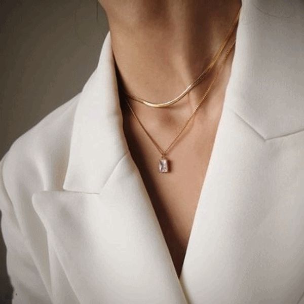 14K Gold Charten Layered Necklace / Gold Cubic Layering Square Snake Chain Modern Afave AFAVE JR1076N