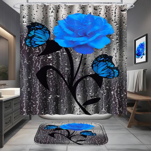 Poedist 4 Pcs Bathroom Set,Blue Rose Shower Curtain Sets, Floral Shower Curtain Sets with Rugs(Bath Mat,U Shape and Toilet Lid Cover Mat) and 12 Hooks