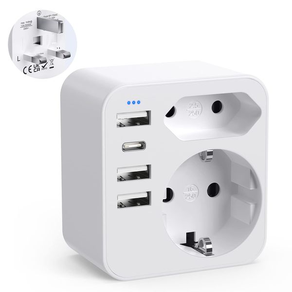 Adapter England Deutschland Stecker, Reiseadapter UK mit 3 USB 1 USB C(3.4A), Reisestecker Stromadapter Steckdosenadapter Typ G für England Großbritannien Irland Dubai, Malediven