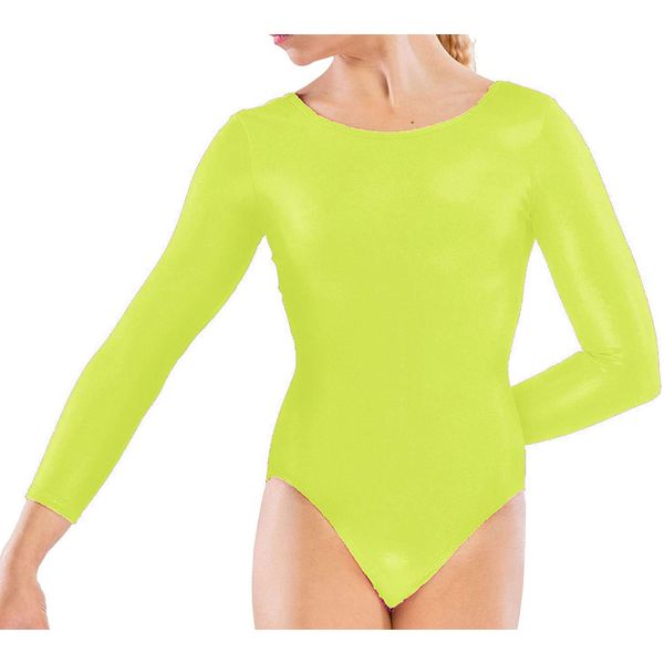 Loxdonz Girls Leotard Basic Long Sleeve Ballet Dance Leotard Kids Stretch Gymnastics Bodysuit Top (3-4 Years, Neon Yellow)