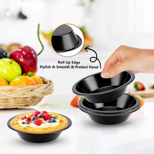 Kofebe Mini Pie Pans, 4" Carbon Steel Tart Pans, Reusable Pie Tins for Quiche Cake Pizza Dessert - 6 Packs, Black