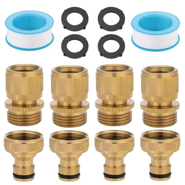 Moendergo 4PCS Brass Garden Hose Tap Connector 3/4" Garden Hose Quick Couplings with 4 Extra Rubber Washers, 2 Waterstop Raw Material Tape