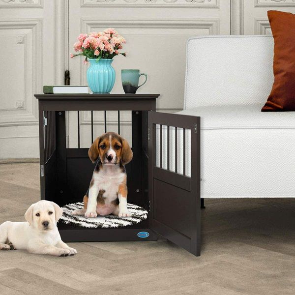 Wooden Dog Crate Furniture End Table Dog Kennel w/Open Side Slats for Small Pets