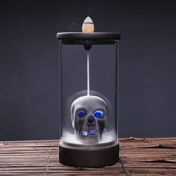 Gelory Skull Backflow Incense Burner, Ceramic Backflow Incense Holder Incense Cones Burner Incense Stick Holder Skull Gifts Yoga LED Backflow Incense Burner Home Decor Handicraft with 10 Free Cones