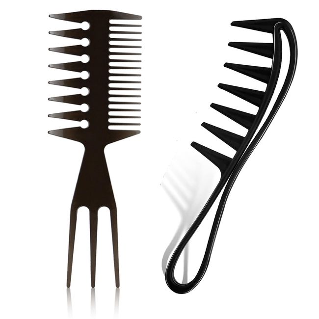 2 Pcs Wide Tooth Comb, Comb, Hair Comb Mens Comb for Women Barber Comb Hair Combs for Men Shaping Wet Pick Fantail Comb Styling Comb, for Wet Curly Wavy Hair Barber Salon Women Men (Black)