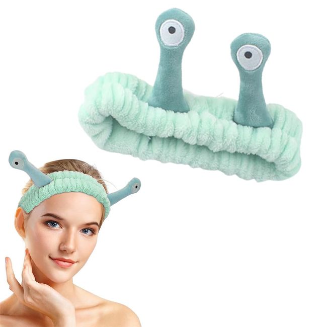 USTNIR Spa-Stirnband, Gesichts-Make-up, Mikrofaser, weiches Korallenvlies, Kopfwickel, Schnecke, Cartoon, niedlich, Haarschmuck, elastisches Hautpflege-Haarband für Frauen Gesicht waschen(Grün)