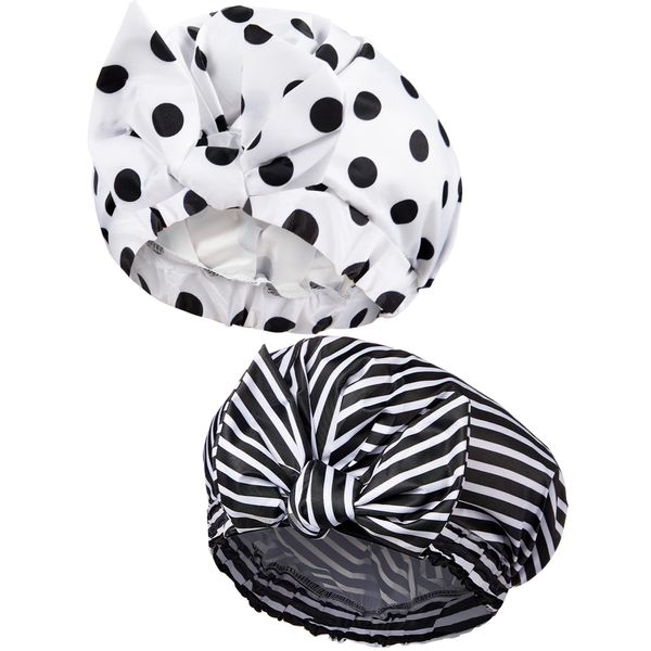 2 Pieces Shower Caps for Women, Waterproof Reusable Shower Hair Caps Elastic Hem Shower Bath Caps for Long, Short and Curly Hair for Women Girls (Black Dot and Stripe)