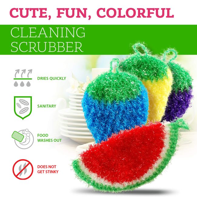 Fun Dish Scrubber by Dish Scrubbie (3Pk Mix) - Fruit Shaped Kitchen Sponge Washing Dishes - Reusable Sponges for Scrubbing, Cleaning, Dishwashing - No