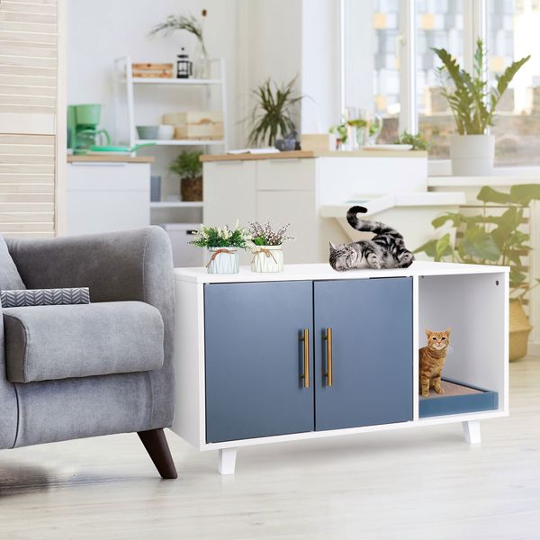 Multi-function Cat House Hidden Litter Box Enclosure w/Pad Organizer Cabinets