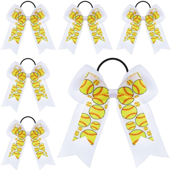 10 Pcs Baseball Softball Hair Bows Double Layers Bows with White Ribbon Sports Gifts for Girls Baseball Softball Accessories for Cheer Ponytail Holder Scrunchies for Girl Women(Yellow, Softball)