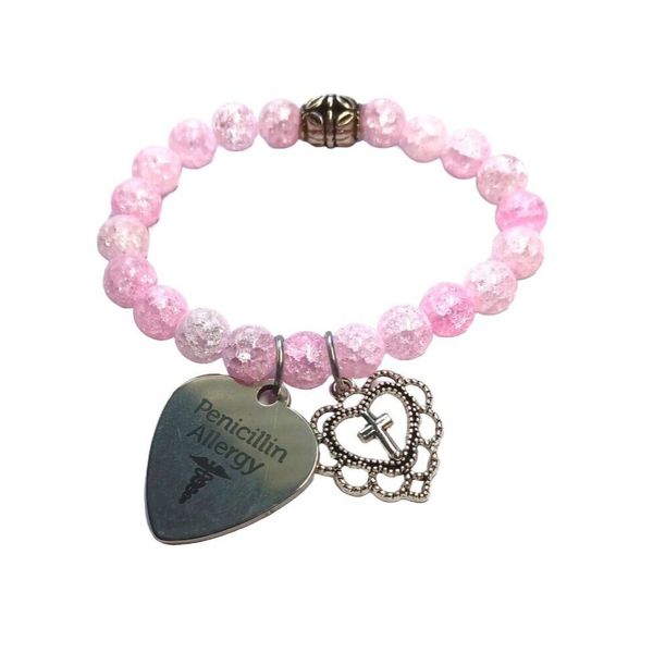 Medical Alert Penicillin Allergy Beaded Bracelet Pink Crackle with Charm