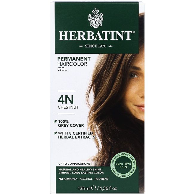 Herbatint Permanent Haircolor Gel, 4N Chestnut, Alcohol Free, Vegan, 100% Grey Coverage - 4.56 oz