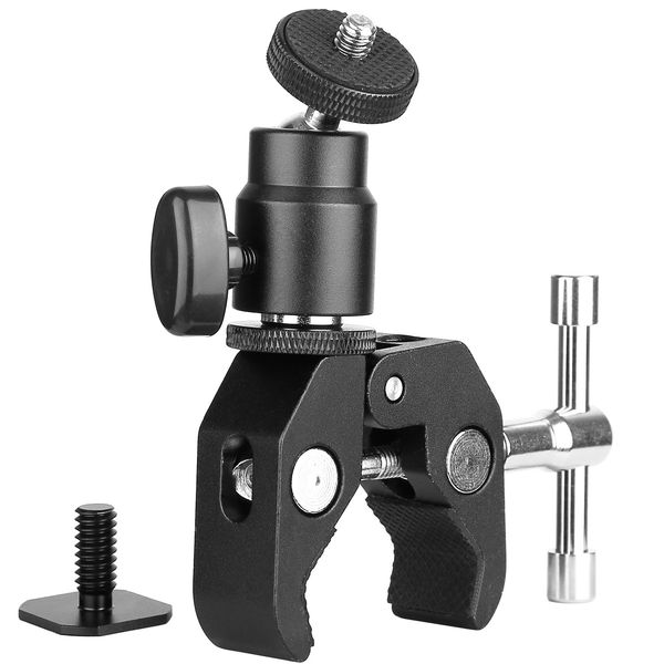 ChromLives Camera Clamp Mount Ball Head Clamp Super Clamp and Mini Ball Head Hot Shoe Mount Adapter with 1/4"-20 Tripod Screw Compatible with LCD/DV Monitor, LED Lights, Flash Microphone and More