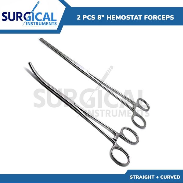 2 Pcs Set 8" Straight + Curved Hemostat Forceps Locking Clamps German Grade