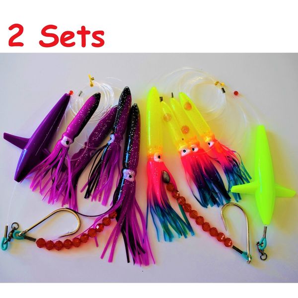 2 SETS DAISY CHAIN BAIT RIG BIRD TUNA MARLIN TROLLING FISH LURES-PURPLE,RAINBOW