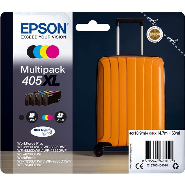 Epson 405XL Suitcase High Yield Genuine Multipack, 4-colours Ink Cartridges, DURABrite Ultra Ink