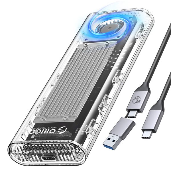 ORICO 40Gbps M.2 NVMe SSD Enclosure with Built-in Cooling Fan, Upgraded Transparent External Hard Drive Enclosure, Support 2230 2242 2260 2280(only M key), Compatible with USB4/3.2/3.1/3.0/2.0-SV