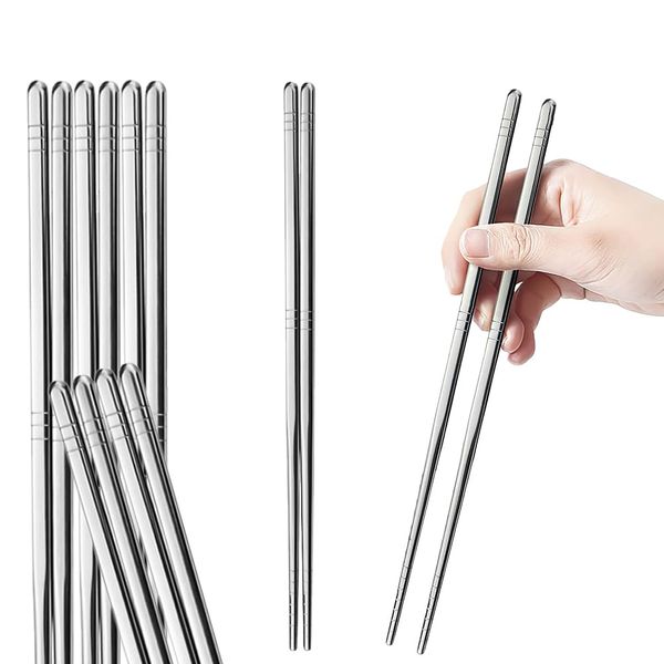 tiokin Metal Chopsticks 5 Pairs 9.5 Inch Premium Reusable Stainless Steel Chopsticks 304 Korean Chopsticks Square Lightweight Non-Slip Chop Sticks Dishwasher Safe Use for Home Kitchen Hotel Restaurant