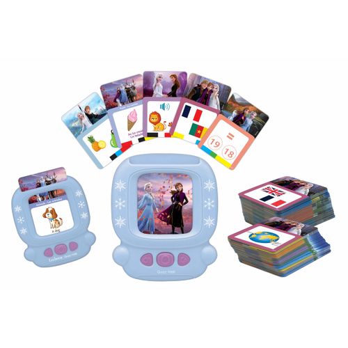 LEXiBOOK, Frozen, Bilingual Interactive Card Reader, Spanish/English, 150 Double-Sided Educational Cards, Educational Quiz & flashcard Machine, Blue/Purple, JCR10FZi2