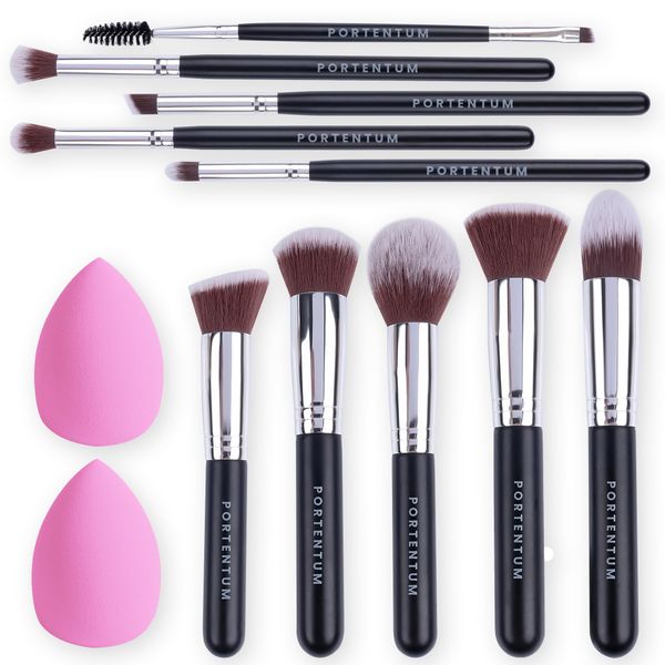 PORTENTUM Make up Brushes 12Pcs Makeup Kit, Premium Synthetic Kabuki Foundation Face Powder Concealers Eyeshadow Blush Brushes Make up Brushes Set