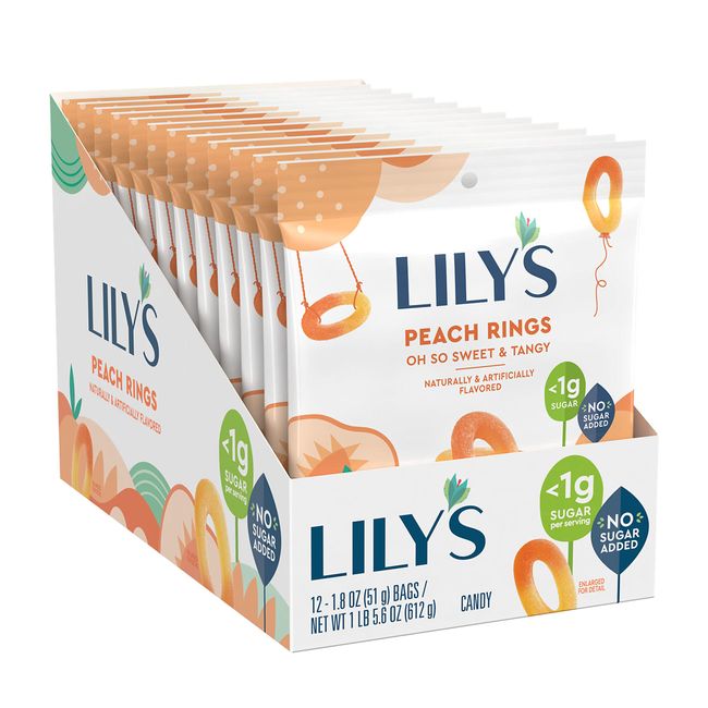 LILY'S Peach Rings, Gummy Sweets Bags, 1.8 oz (12 Count)