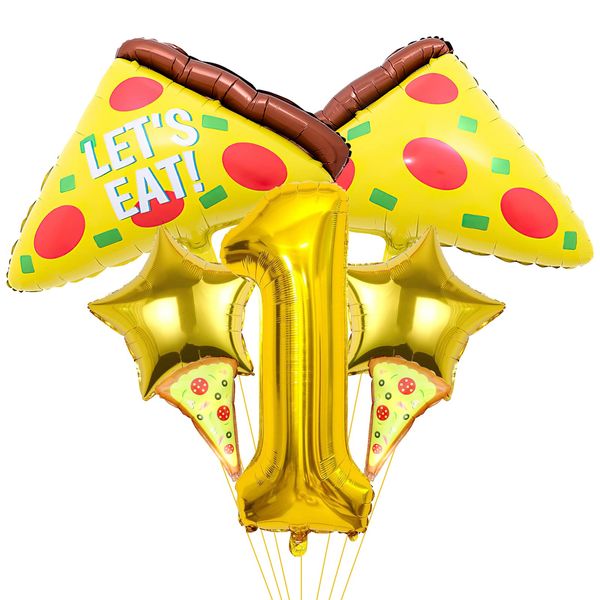 7pcs Pizza Balloons, Pizza Birthday Number Mylar Foil Balloon Pizza Slice Party Supplies Pizzaria Birthday Decorations (1st)