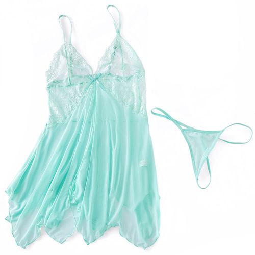 Synlala Sexy Lingerie, Babydoll, Temptation Underwear, See-through, Soft and Cute Flirty Front Opening, V-shaped Chest and Bust with Sheer Lace, String T-Shorts Included, water green