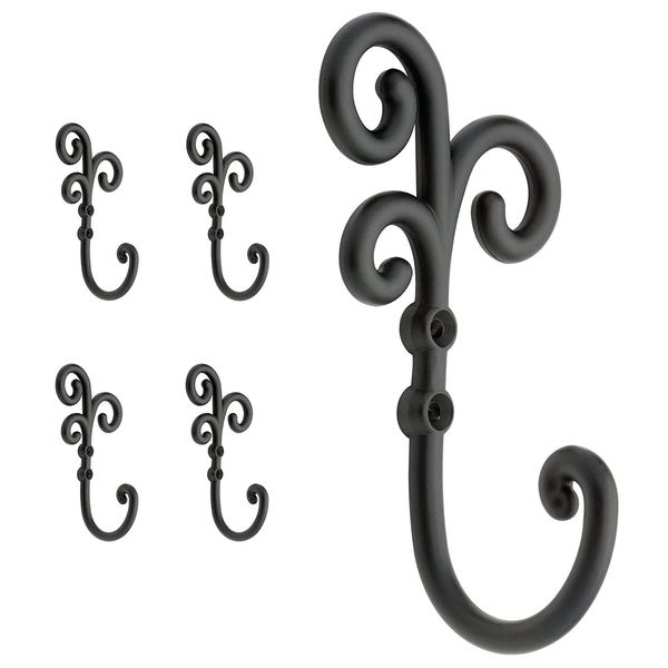 Franklin Brass Curlique (5-Pack) Single Wall Hooks 1-Prong Coat/Hat Matte Black Hooks for Hanging Wall Mount Hanger Clothes, Purse, Bag, Towel Organization Decorative Wall Hooks CURL5PK-FB-R