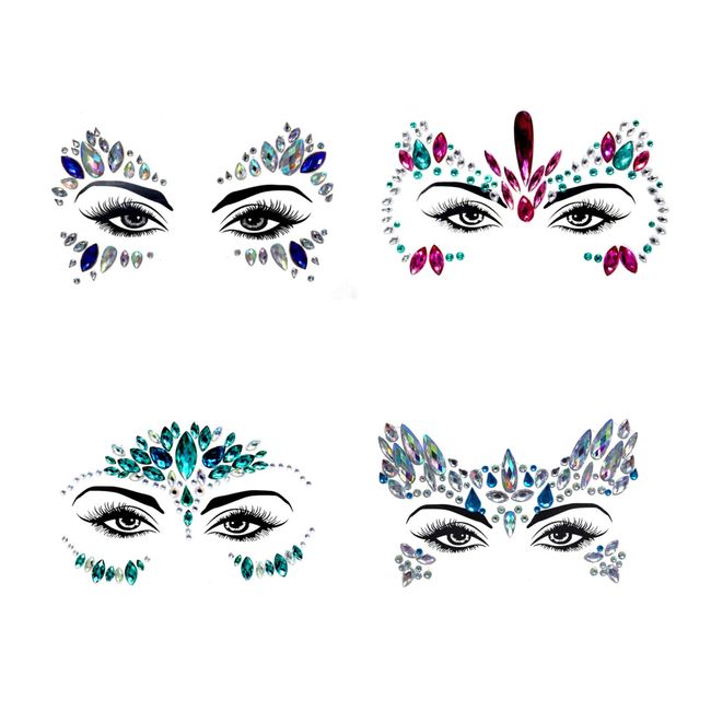 Gesicht Glitzersteine Strasssteine Temporäre Tattoos - Glitzer Schmucksteine Selbstklebend Glitzersteine Gesicht,Schmucksteine Festival Face Sticker für Karneval Schminke, Parties,Make-up, 4 Stück