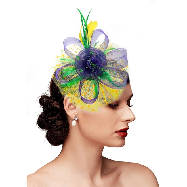 Yezmo Fascinator-Hut, Fascinatoren für Frauen Mädchen Karneval Hüte Tee Party Hüte Frauen Fascinator Stirnband mit Haarspange, Gelbgrün-Violett