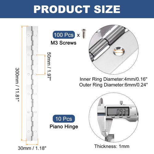 PATIKIL 12x1.2 Inch Piano Hinge,10 Pcs 304 Stainless Steel Continuous Hinge with Holes for Piano Gate Door Wooden Storage Box Cabinet Boat,Silver